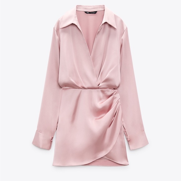 ZARA Dusty Pink Satin Effect Wrap Long Sleeve Dress $59.90 - Picture 10 of 14